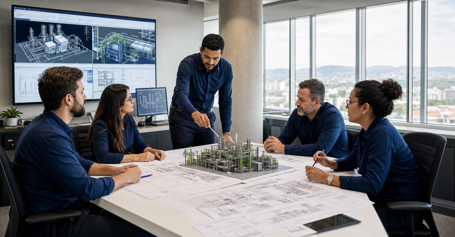 Equipe avaliando modelo tridimensional e desenhos de engenharia